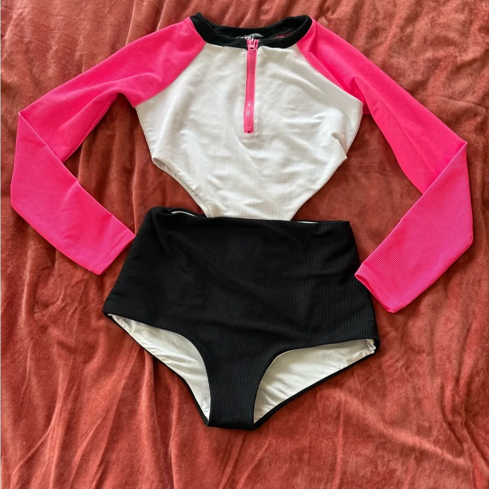 Beach Riot NWOT Women's‎ Pink/Black Bethany Rash Guard Long Sleeve Swimsuit Sz S - Picture 6 of 9